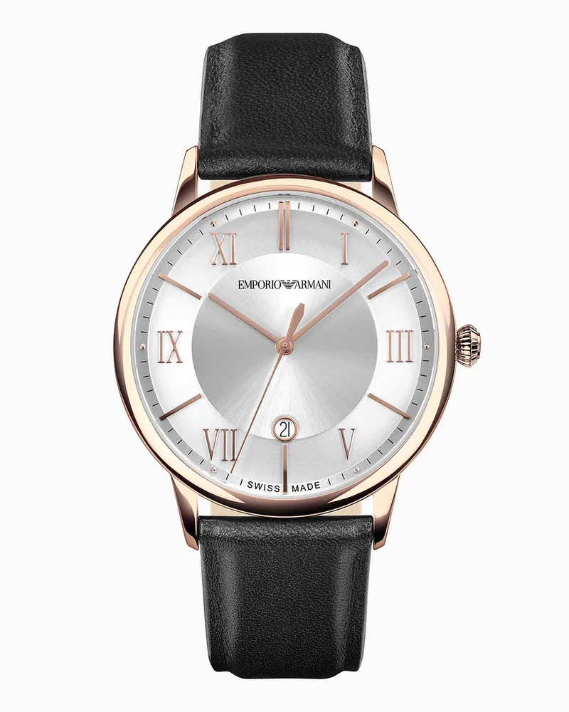 Emporio Armani Schwarze Swiss-Made-Lederarmbanduhr mit drei Zeigern Mehrfarbig