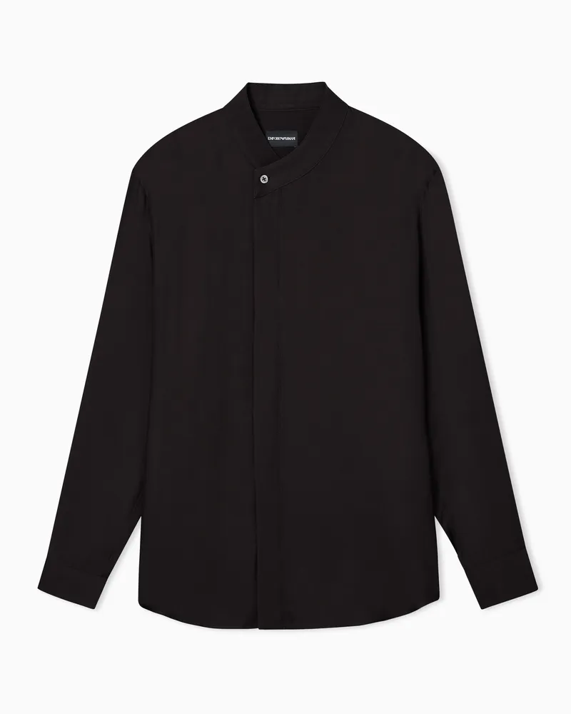 Emporio Armani Hemd aus strukturiertem Cupro mit Grandad-Kragen Schwarz