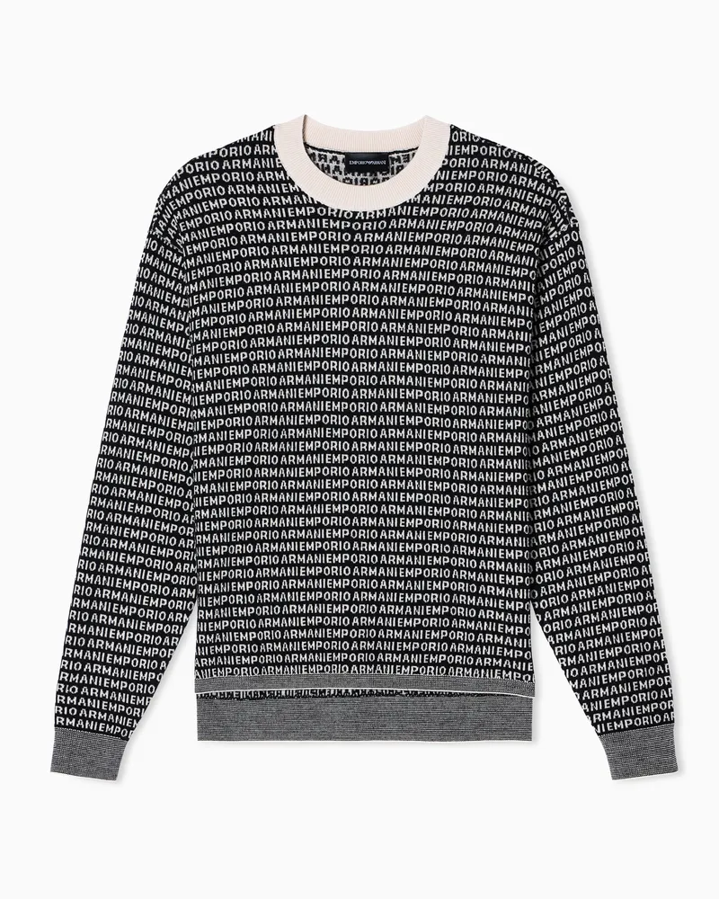 Emporio Armani Pullover aus einer Schurwoll-Mischung in Jacquard-Stoff-Verarbeitung, mit Allover-Logo-Schriftzug Schwarz