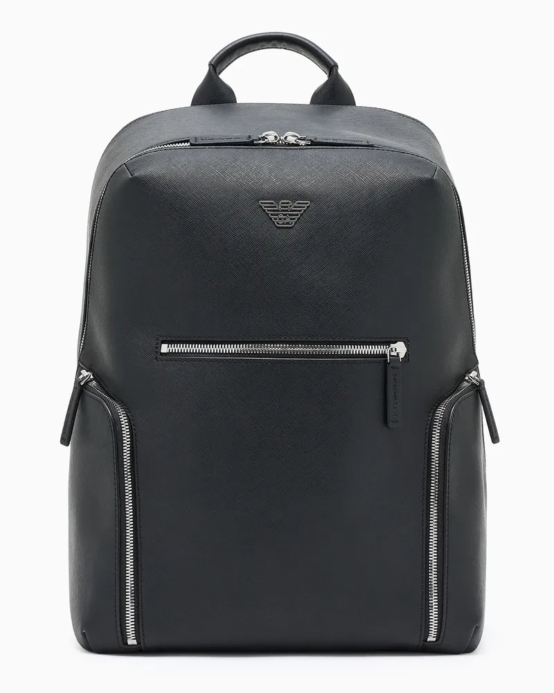 Emporio Armani ASV Rucksack aus neu aufbereitetem Saffiano-Leder mit Adler-Plakette Schwarz