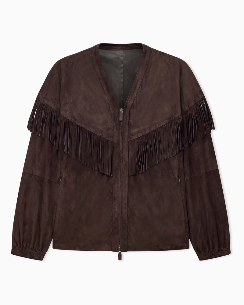 Emporio Armani Oversize-Blouson aus Ziegen-Veloursleder mit Fransen Braun