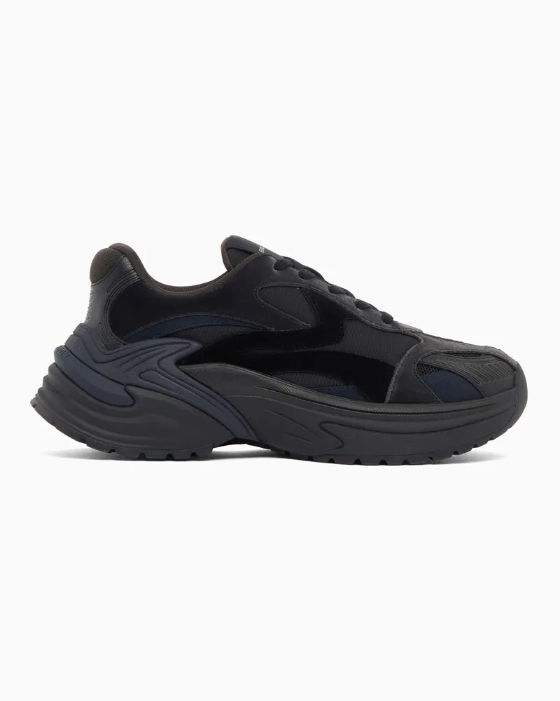 Emporio Armani Sneaker aus Netzgewebe mit Wildledereinsätzen und Schnürung Schwarz