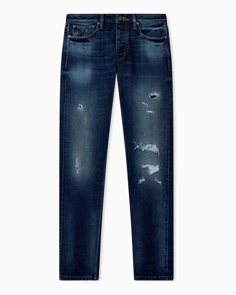 Emporio Armani Slim Fit 5-Pocket-Jeans aus Selvedge-Denim mit Used-Look Blau
