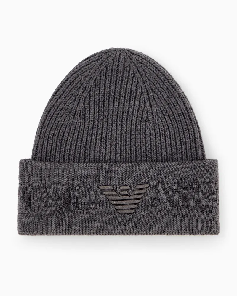 Emporio Armani Beanie aus Schurwolle im Rippstrick mit Umschlag und Logo Grau