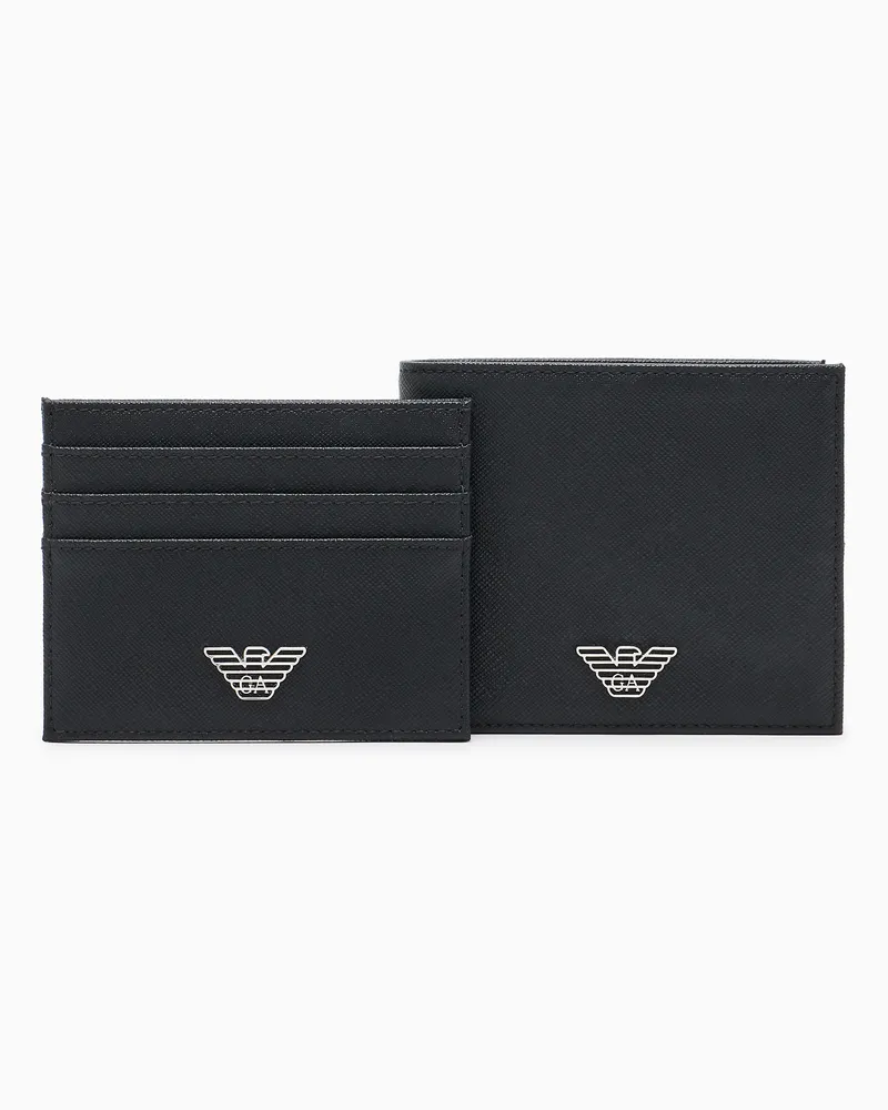 Emporio Armani Geschenkbox mit ASV Portemonnaie und Kartenetui aus regeneriertem Saffiano-Leder mit Adler-Plakette Schwarz