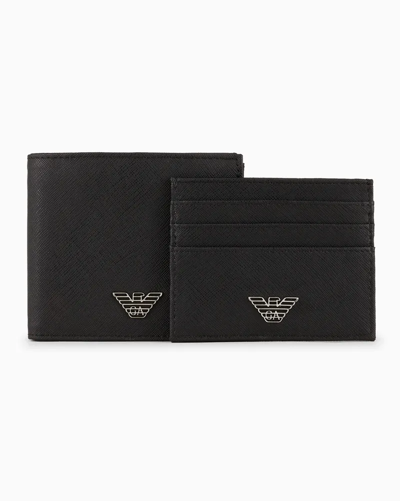 Emporio Armani Geschenkbox mit ASV Portemonnaie und Kartenetui aus regeneriertem Saffiano-Leder mit Adler-Plakette Schwarz