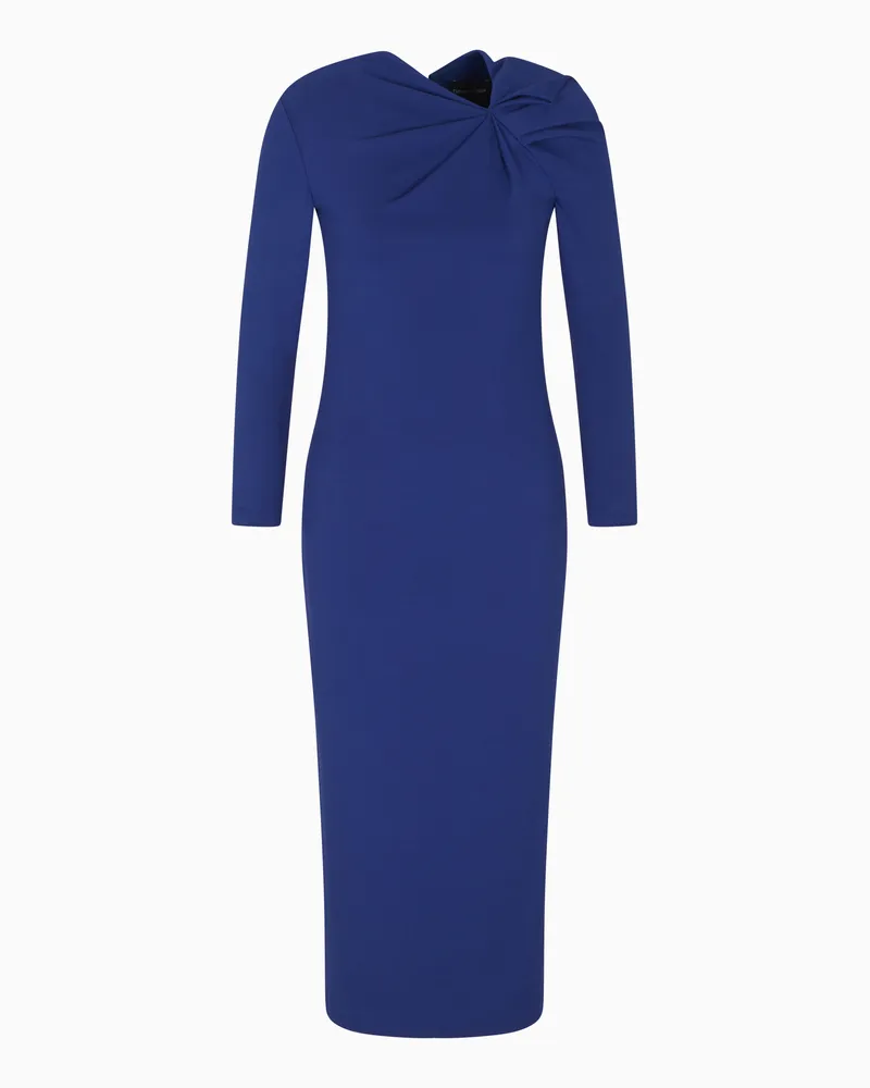 Emporio Armani Langes Kleid mit gerafftem Detail aus elastischem Punto-Milano-Stoff Blau