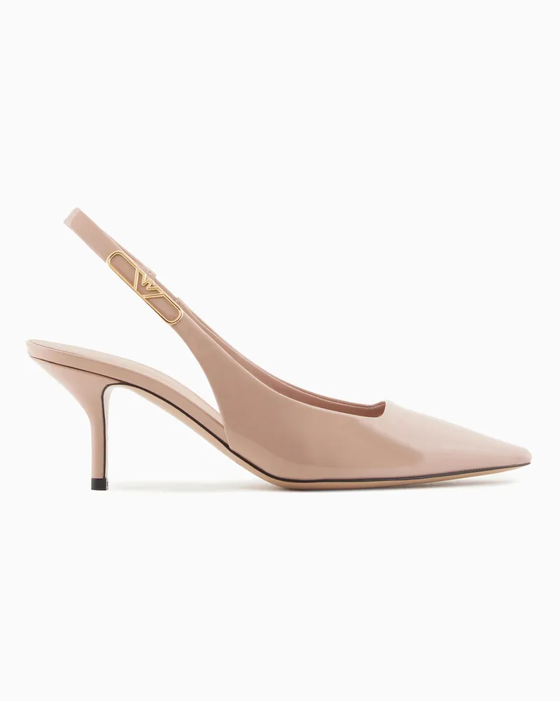 Emporio Armani Slingback-Pumps aus Lackleder mit Adler-Plakette Beige