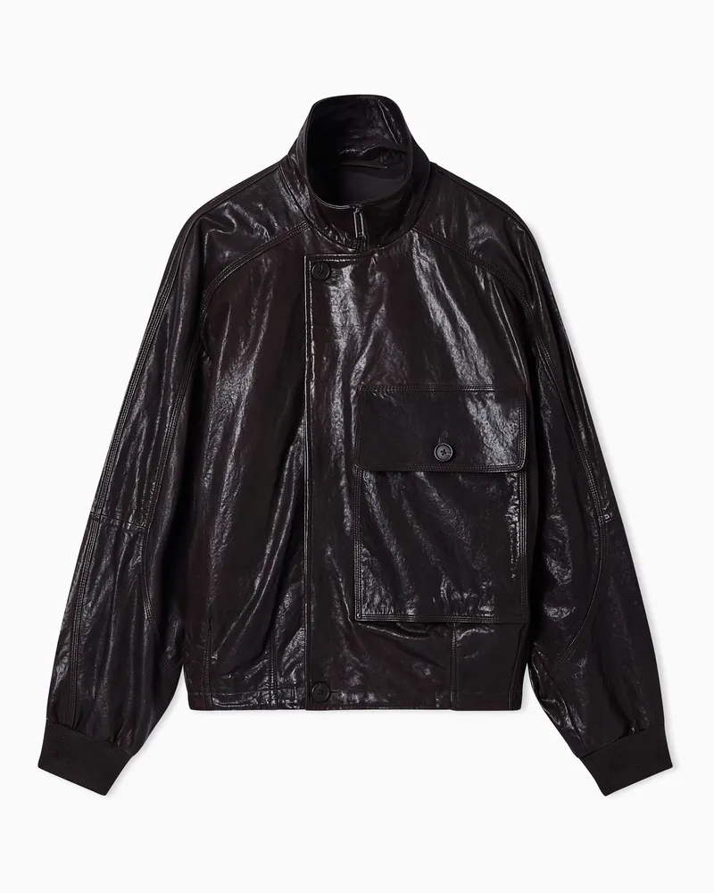 Emporio Armani Oversize-Blouson aus pflanzlich gegerbtem Lammnappaleder mit Maxi-Tasche Braun