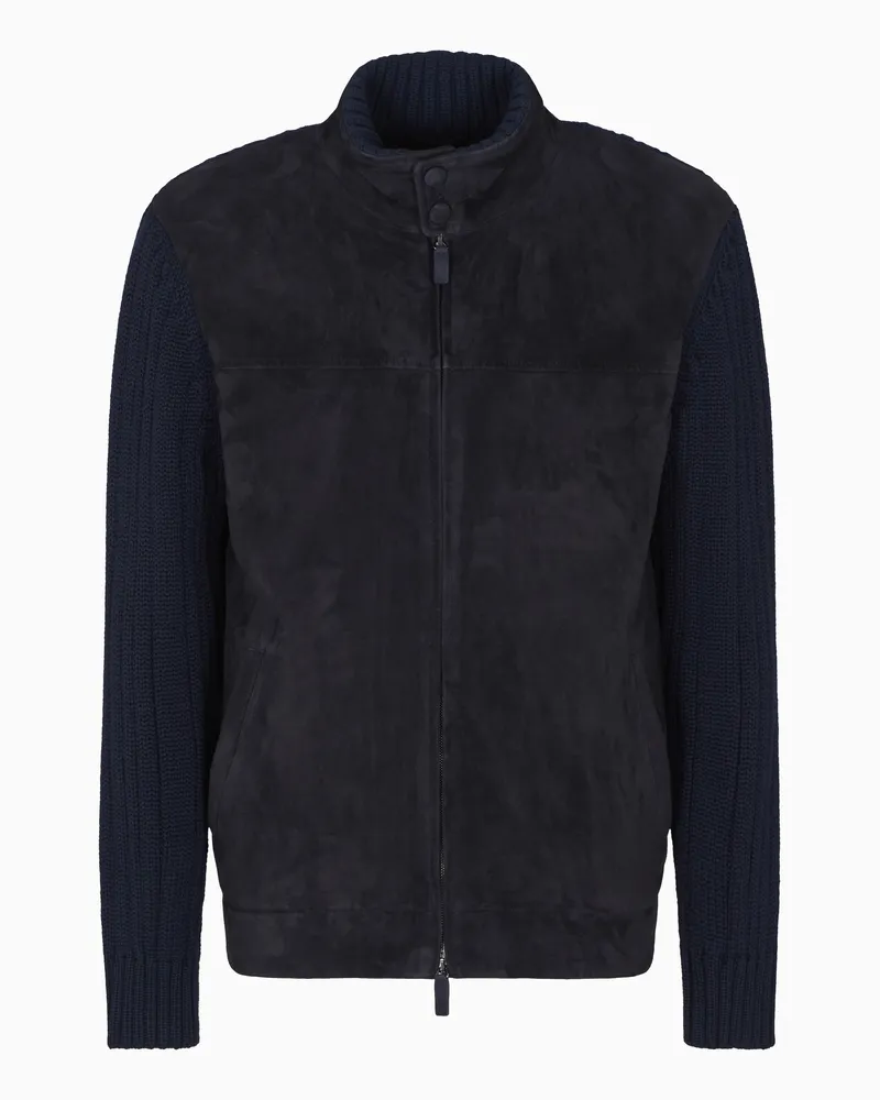 Emporio Armani Blouson aus einer Mischung aus Veloursleder und Woll-Strick Marineblau