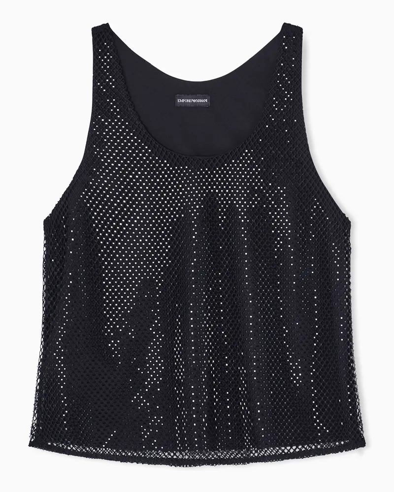 Emporio Armani Mesh top with all-over rhinestones Schwarz