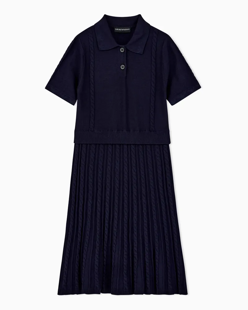 Emporio Armani Polokleid aus Viskose mit Zopfmuster und Faltenrock Marineblau