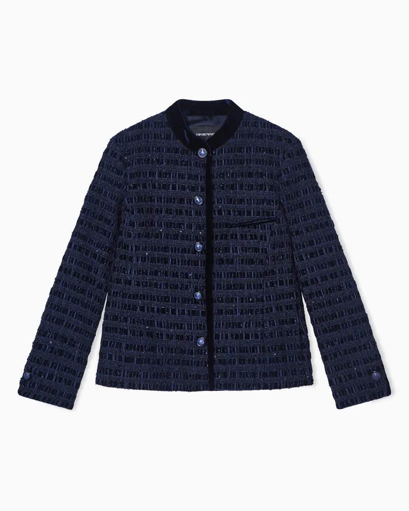 Emporio Armani Jacke mit Reißverschluss aus Lurex-Tweed mit Mikro-Pailletten Blau