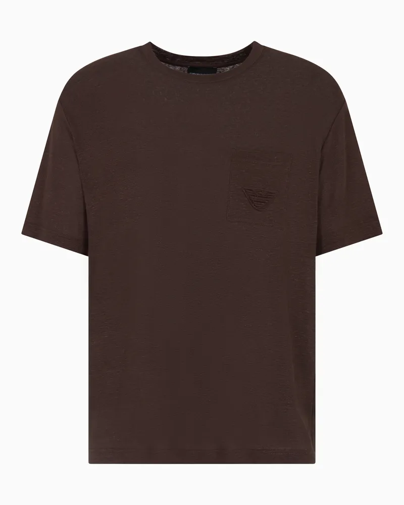 Emporio Armani Leinen-T-Shirt mit Adler-Stickerei-Aufnäher Braun