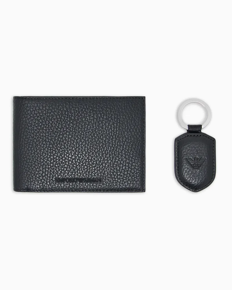 Emporio Armani Geschenkset aus Portemonnaie und Schlüsselanhänger aus getrommeltem Leder Schwarz