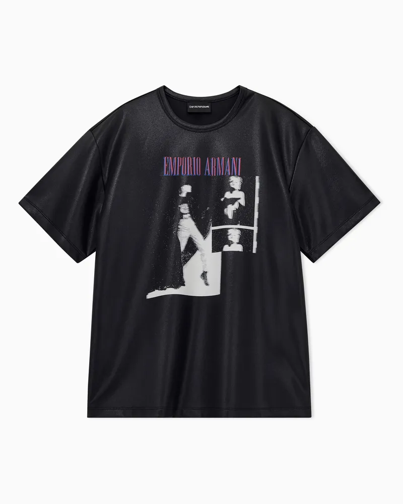 Emporio Armani T-Shirt aus glänzendem Jersey mit Grafikdruck und Rundhals Schwarz