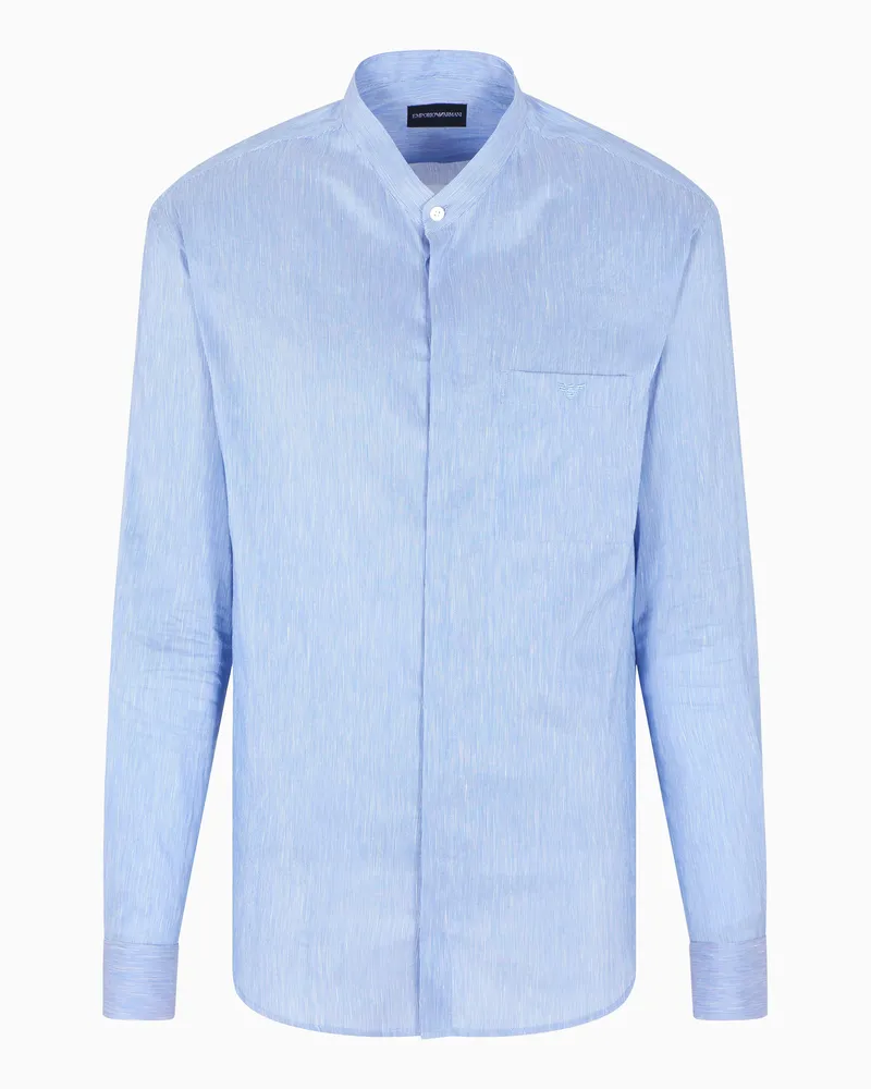 Emporio Armani Hemd mit Grandad-Kragen, gefertigt aus Leinenchambray-Seiden-Mischung Hellblau
