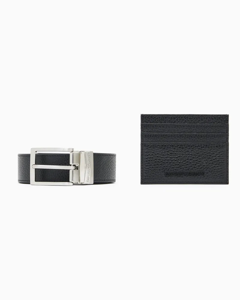 Emporio Armani Geschenkset aus Gürtel und Kartenetui aus getrommeltem Leder Schwarz