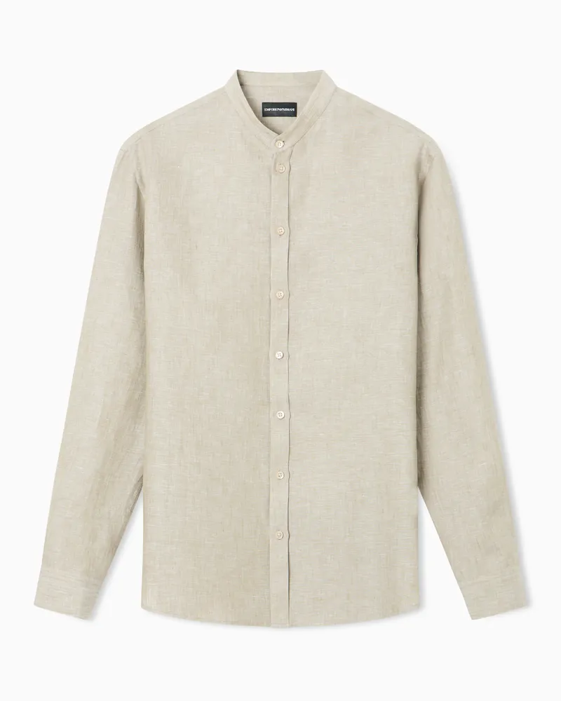 Emporio Armani Hemd mit Grandad-Kragen aus reinem Leinen Braun