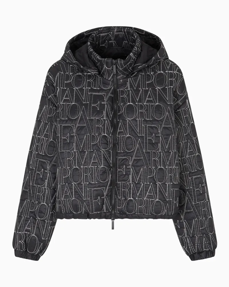 Emporio Armani Nylon-Blouson mit abnehmbarer Kapuze und ASV-Allover-Stickerei Schwarz