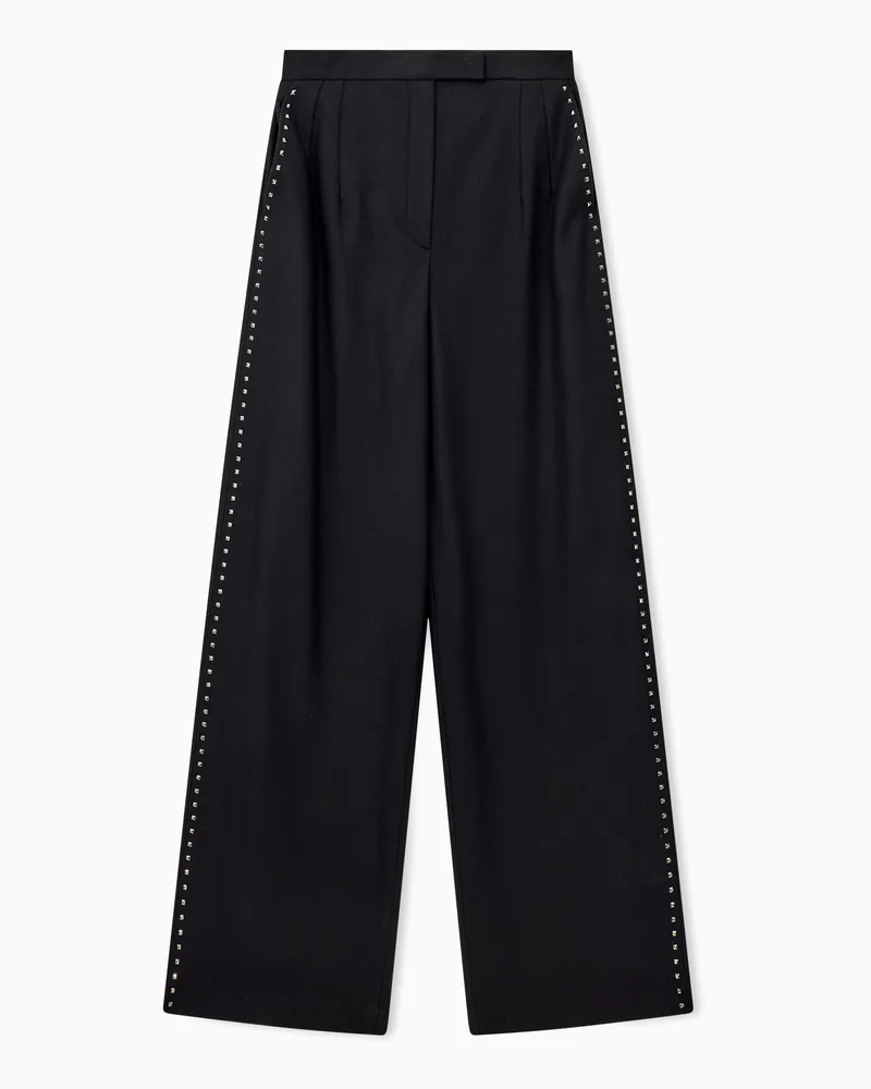 Emporio Armani Weite Bundfaltenhose aus Wollmischung mit seitlichen Nieten Schwarz