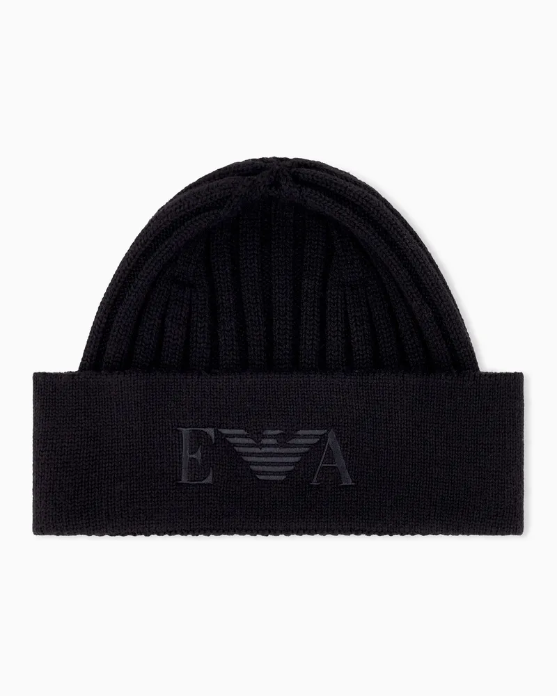 Emporio Armani Beanie aus Schurwolle mit Umschlag und Stickerei Schwarz
