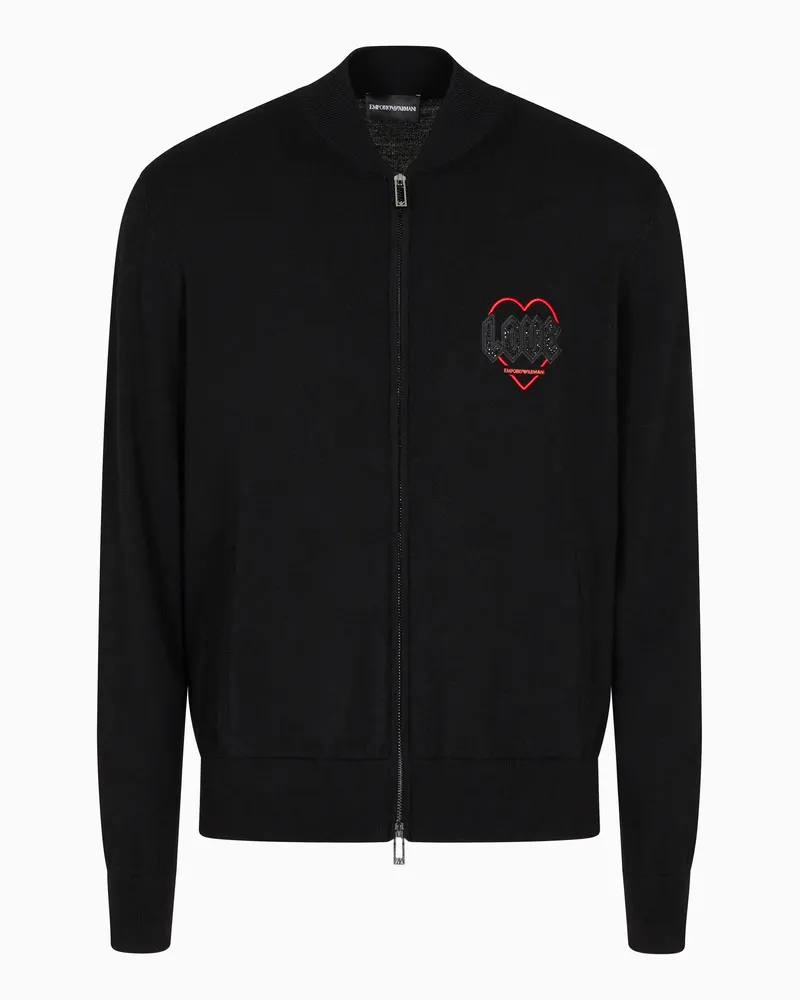 Emporio Armani Cardigan aus der San Valentino Sonderkollektion mit Reißverschluss aus glatter Schurwolle mit Stickerei Schwarz