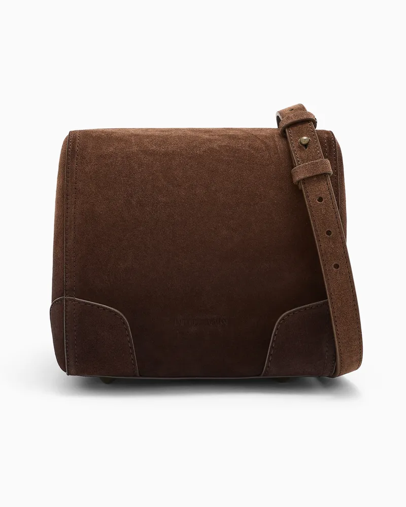 Emporio Armani Henkeltasche aus Veloursleder mit Umhängeriemen Braun