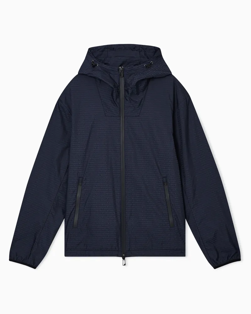 Emporio Armani Water repellent blouson in nylon jacquard with all over lettering Marineblau