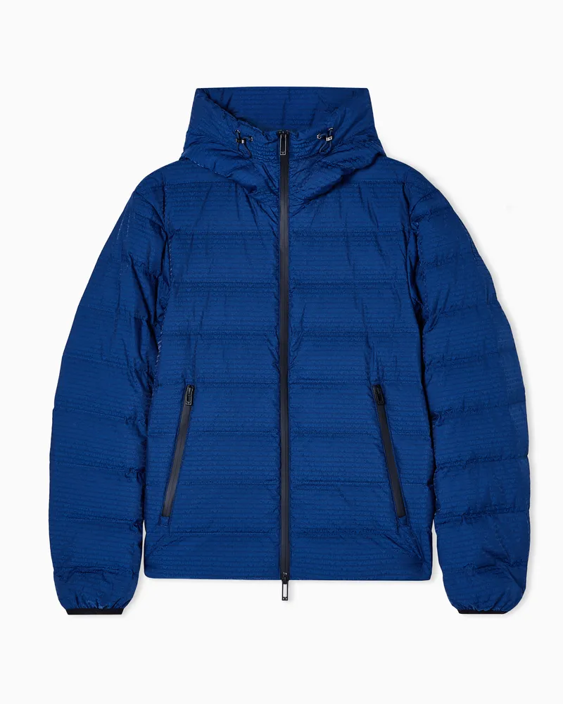 Emporio Armani Gesteppte Daunenjacke aus Nylon mit Kapuze und Schriftzug aus Jacquard-Stoff Blau