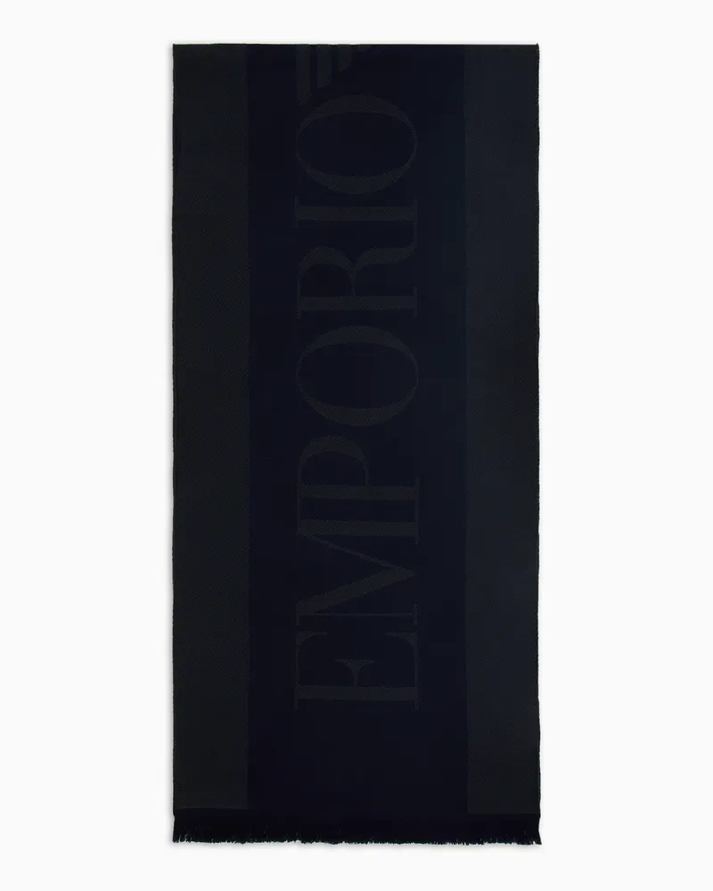 Emporio Armani Schal aus Wolle mit Logo-Schriftzug in Jacquard Marineblau