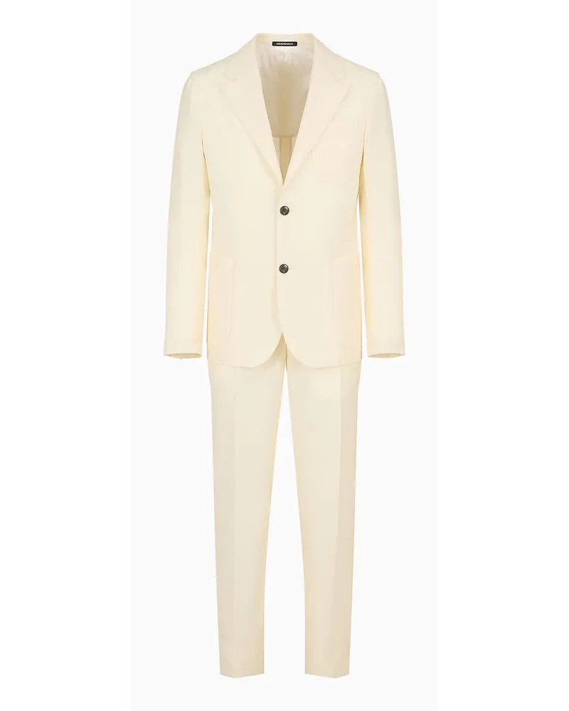 Emporio Armani Einreihiger Anzug aus Besonders Leichtem, Tropischen Mischgewebe aus Schurwolle und Leinen Milchweiss