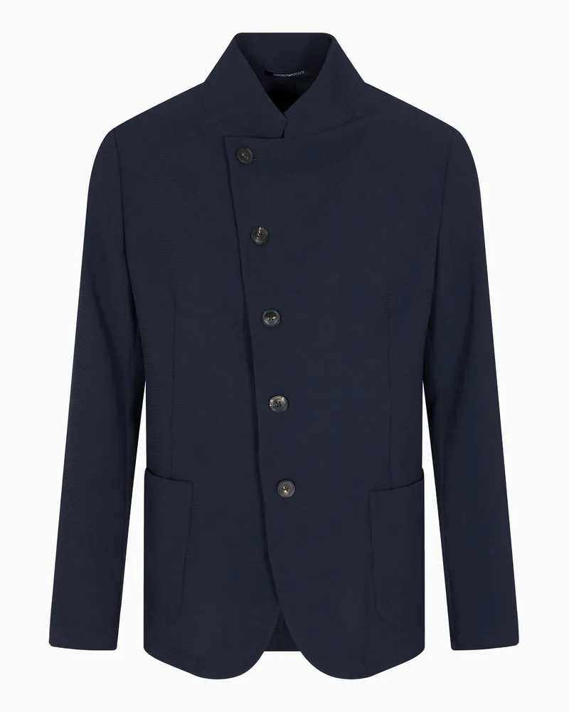 Emporio Armani Icon Jacke mit Grandad-Kragen und außermittigem Verschluss, gefertigt aus Crêpe-Jersey mit 3D-Effekt Blau