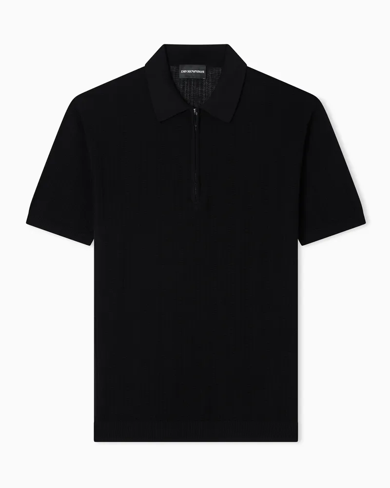 Emporio Armani Pullover mit Poloshirtkragen und vertikalen Fangmaschen Schwarz