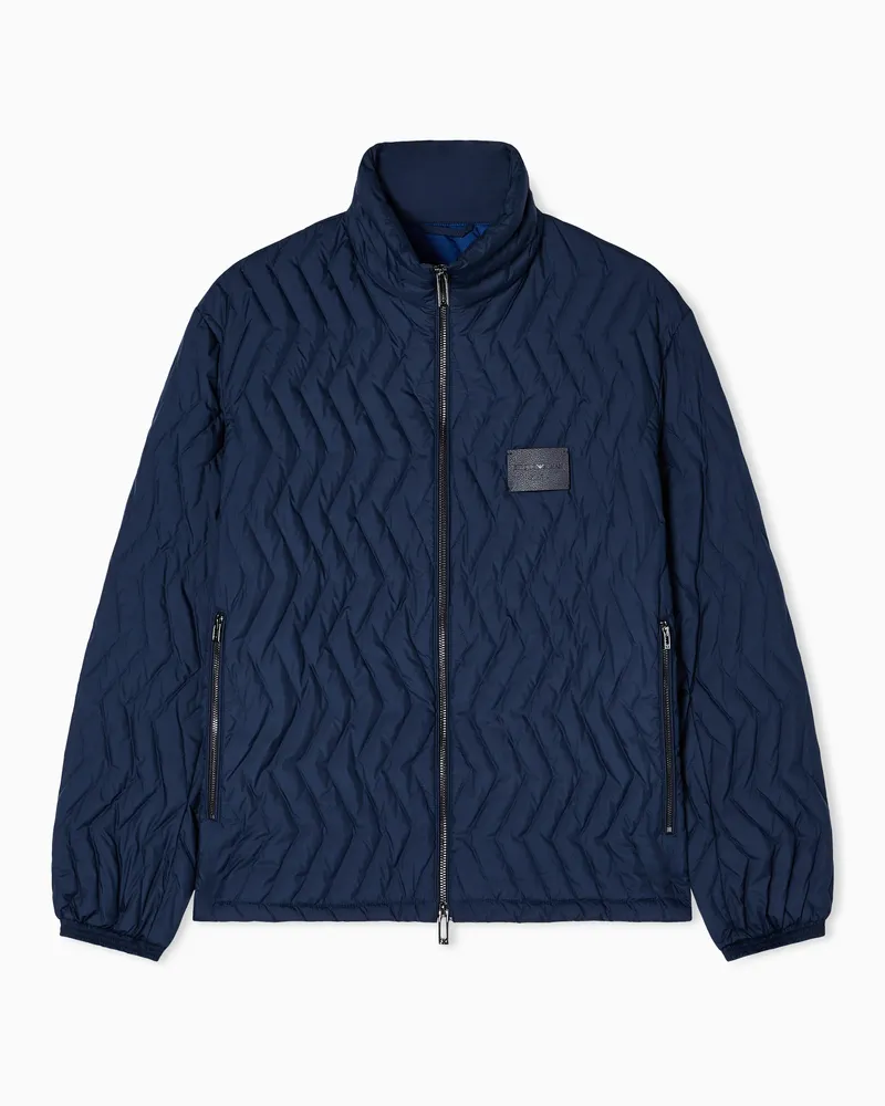 Emporio Armani Daunenjacke mit durchgehendem Reißverschluss, gefertigt aus Ripstop-Nylon mit Fischgrat-Matelassé Marineblau
