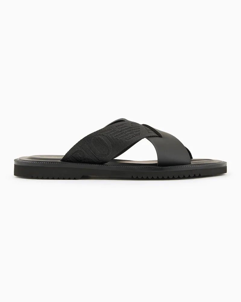 Emporio Armani Überkreuzte Sandalen aus Leder mit Logo-Band Schwarz
