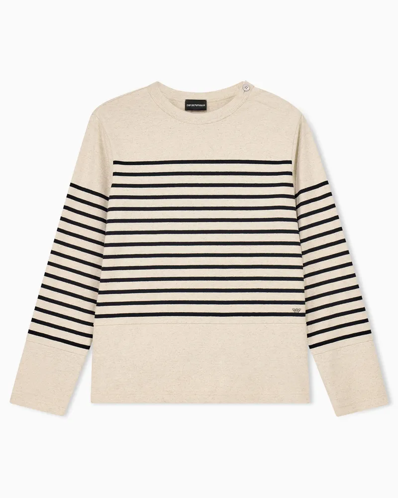 Emporio Armani Gestreiftes Jersey-Langarmshirt aus Baumwolle und Leinen Weiß