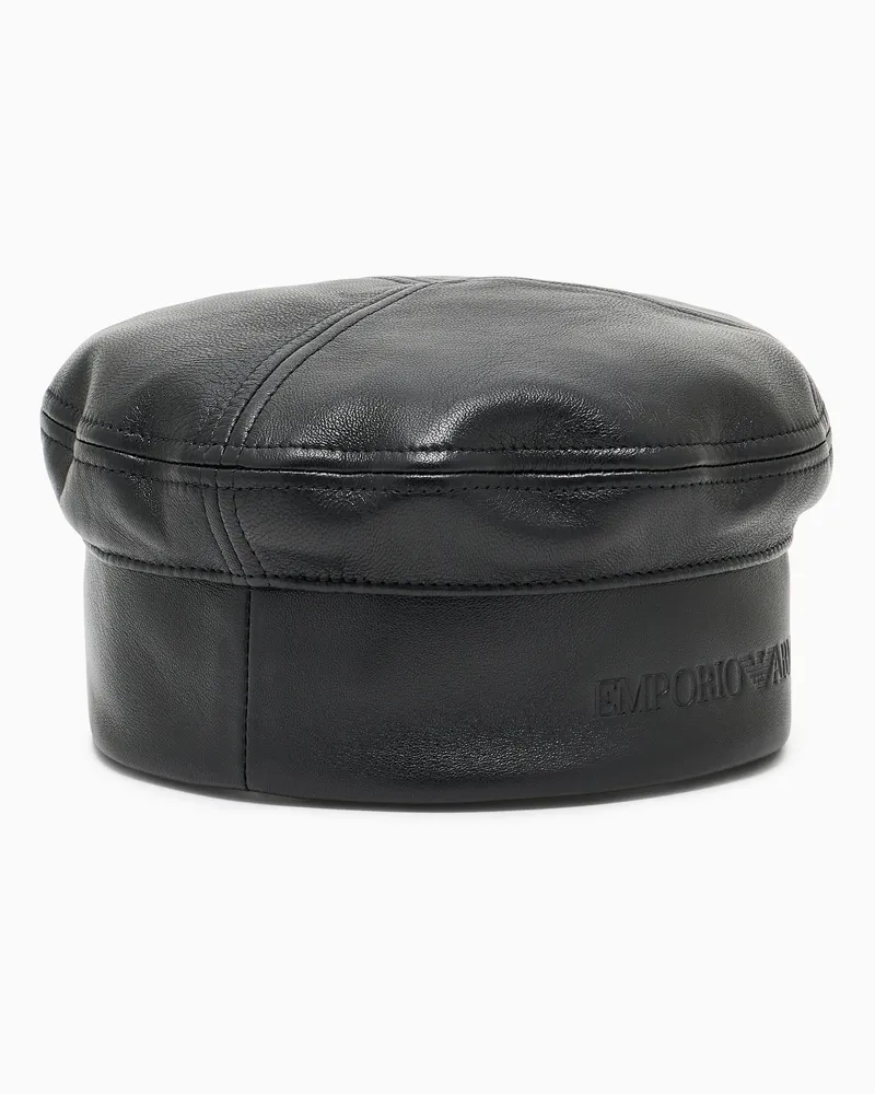 Emporio Armani Baskenmütze aus Nappaleder mit Logo Schwarz