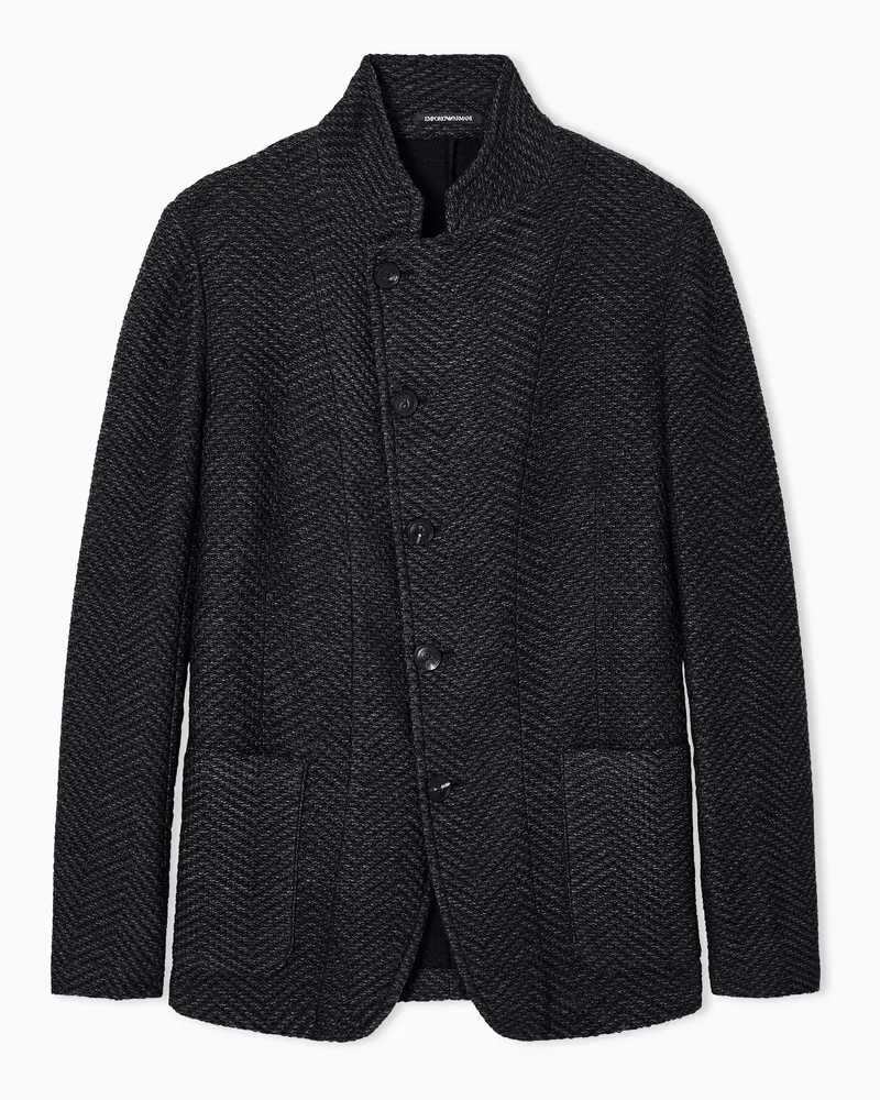 Emporio Armani Icon Jacke mit Grandad-Kragen und dezentriertem Verschluss, aus Wolle mit Fischgrat-Muster Schwarz
