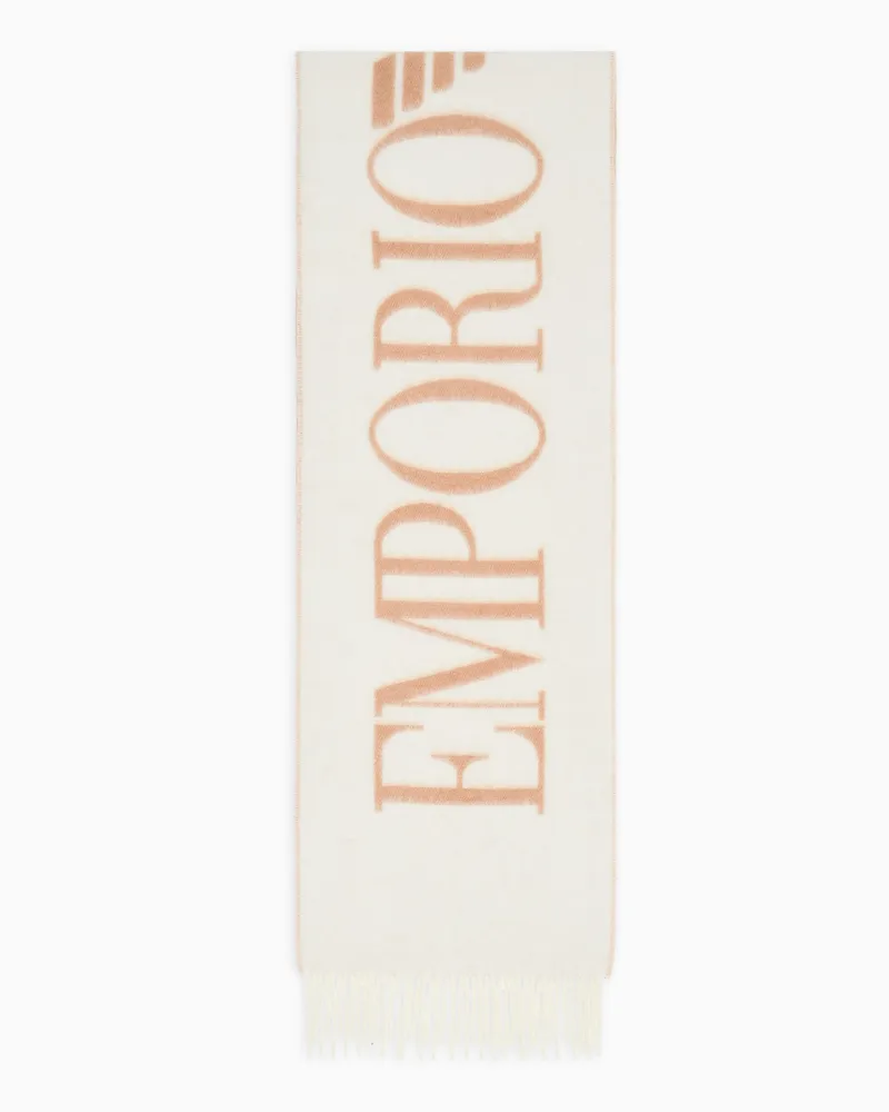 Emporio Armani Zweifarbiger Schal aus Woll-Mischung mit Maxi-Lettering Weiß