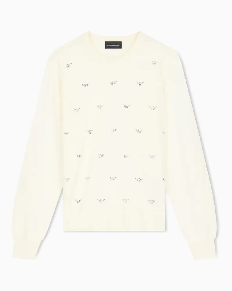 Emporio Armani Rundhalspullover aus Schurwolle mit Strassdetails Weiß