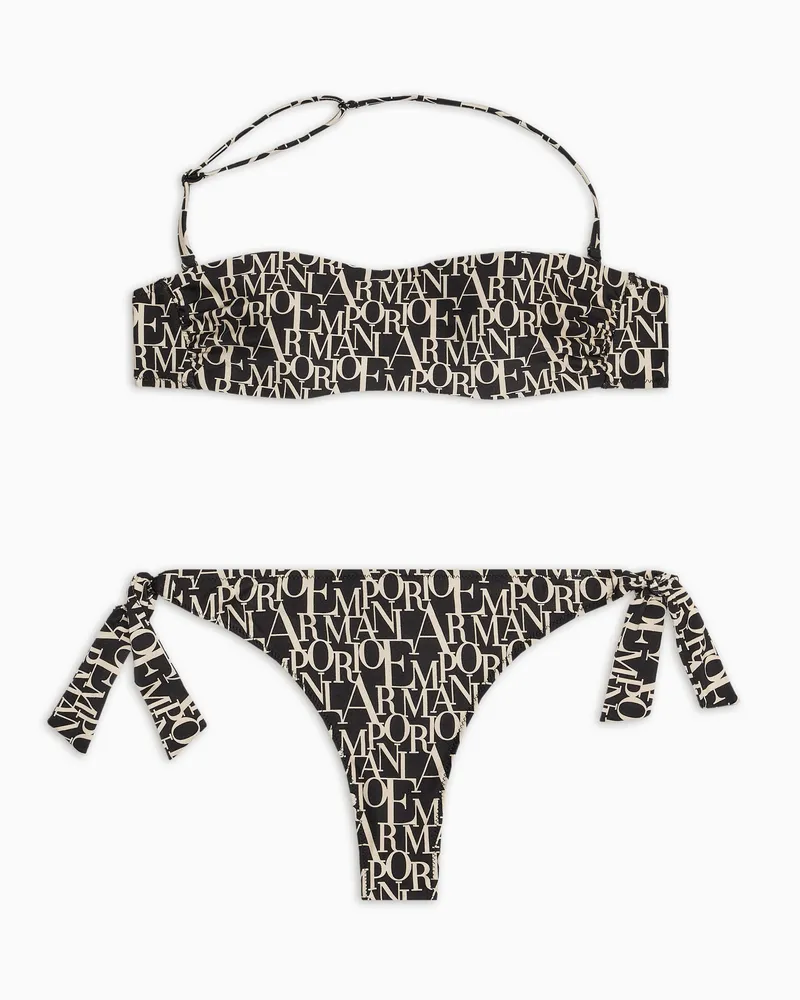 Emporio Armani Bikini mit gefüttertem Bandeau mit Logomania-Print Schwarz