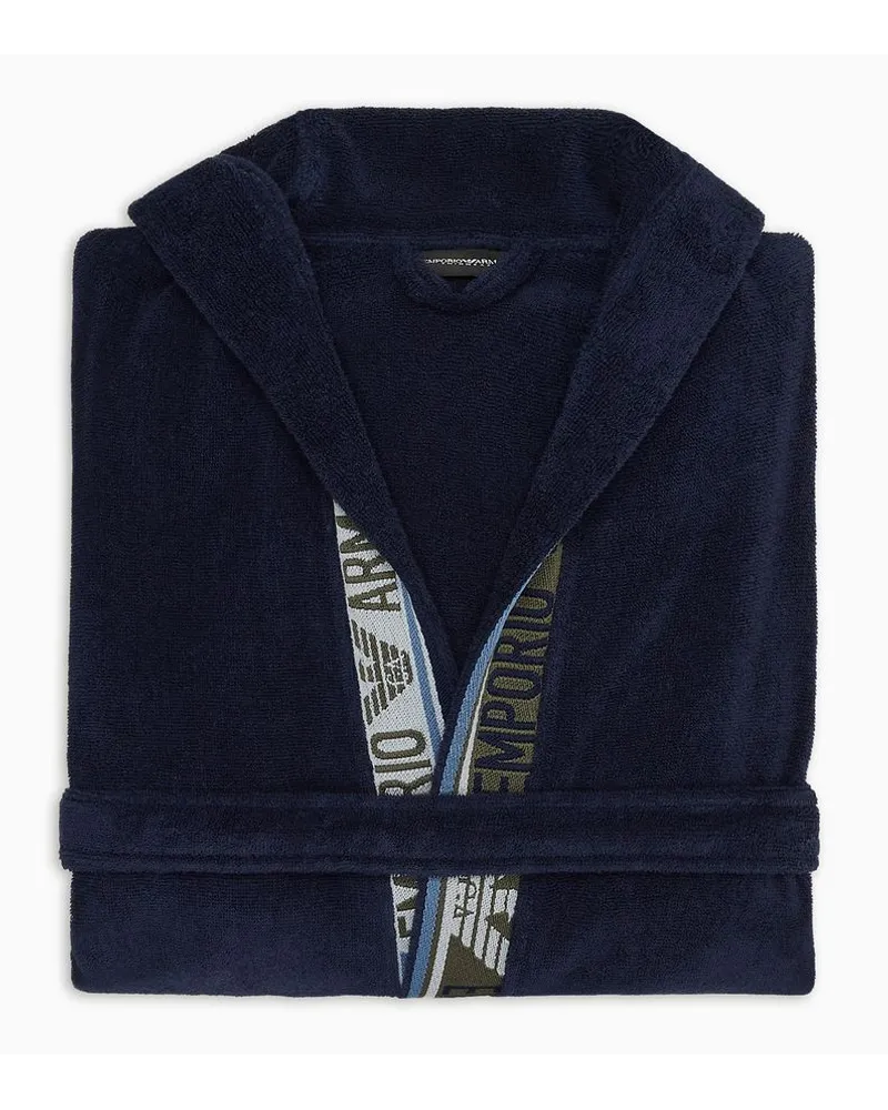 Emporio Armani Bademantel aus Frottee mit Logotape Marineblau