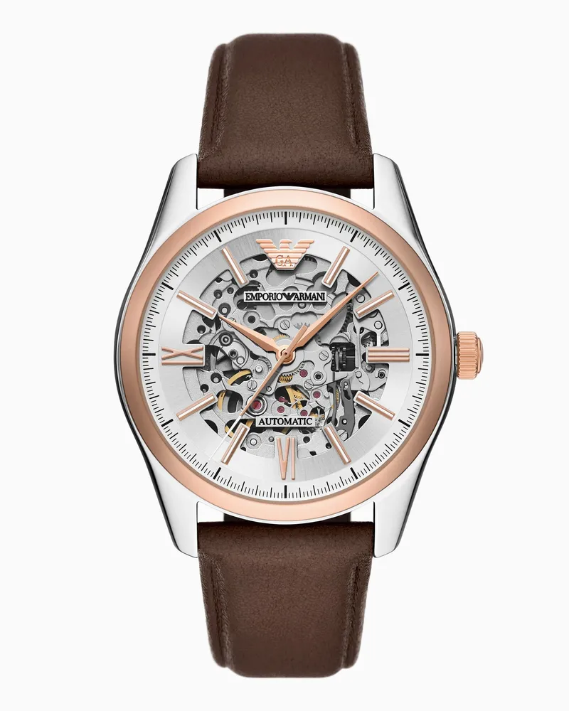 Emporio Armani Mondneujahr Automatikuhr aus braunem Leder Mehrfarbig
