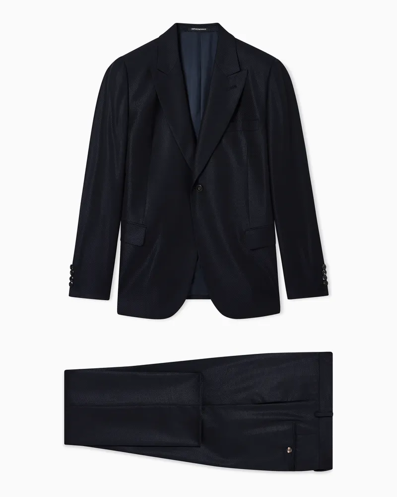 Emporio Armani Einreihiger Anzug aus Woll-Seiden-Mischung mit Mikro-Zopfmuster Blau