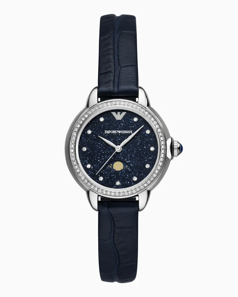 Emporio Armani Dreizeigeruhr mit Lederarmband in Blau und Mondphasen-Anzeige Mehrfarbig