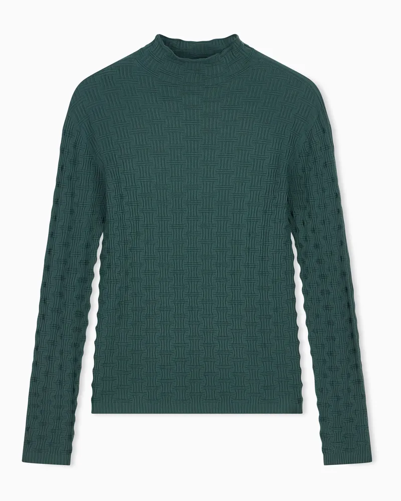 Emporio Armani Viskosepullover mit Stehkragen und kariertem Rippenmuster Grün