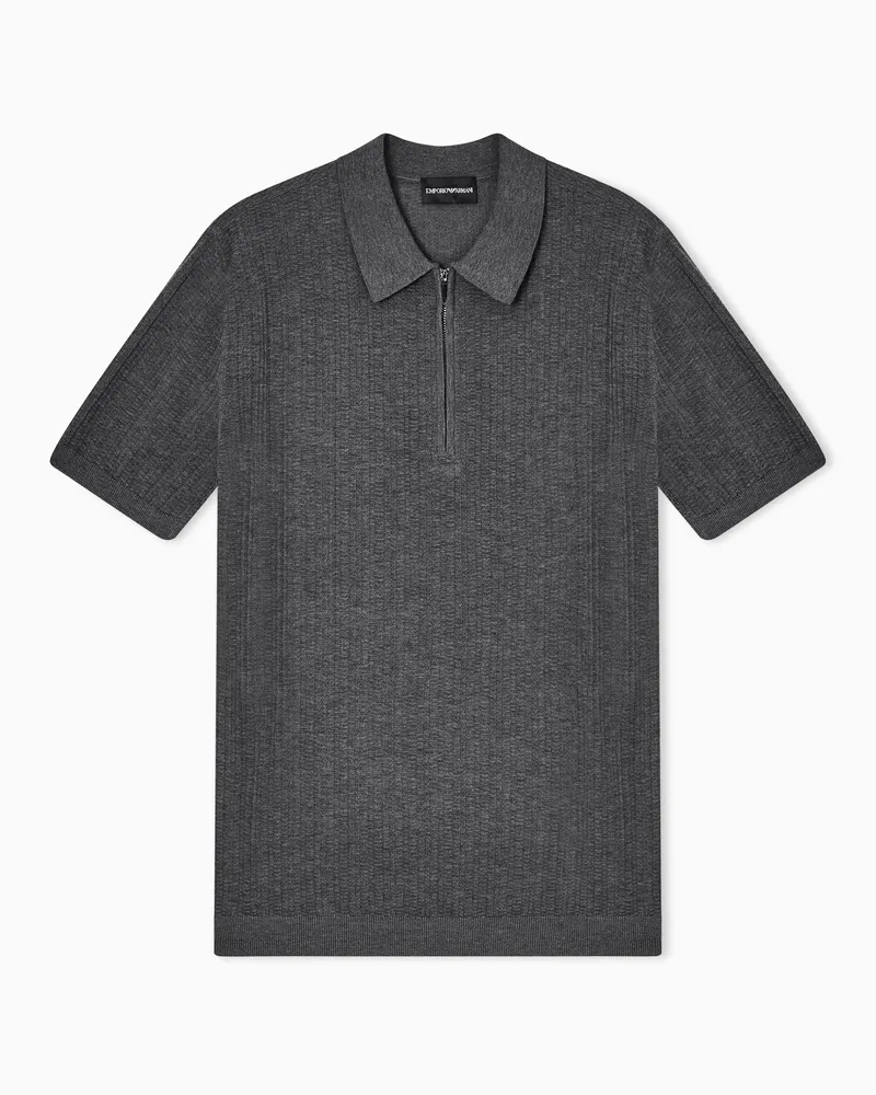 Emporio Armani Pullover mit Poloshirtkragen und vertikalen Fangmaschen Grau
