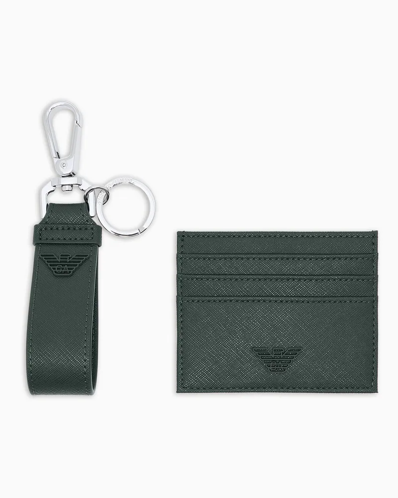 Emporio Armani ASV Geschenkbox mit Schlüsselring und Kartenetui aus regeneriertem Saffiano-Leder Grün