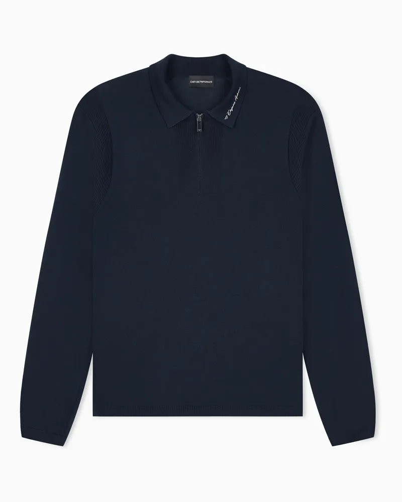 Emporio Armani Feinstrickpullover aus Schurwolle mit Rippstrickdetails Blau